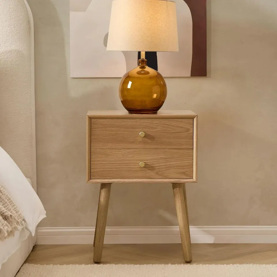 BOXED DUSK HEIDI OAK 2 DRAWER BEDSIDE TABLE - LIGHT WOOD (1 BOX)