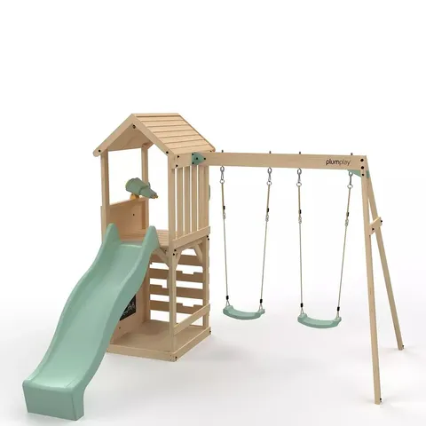 BOXED PLUM WOODEN LOOKOUT TOWER WITH DOUBLE SWING - PASTEL GREEN (7 PIECES)