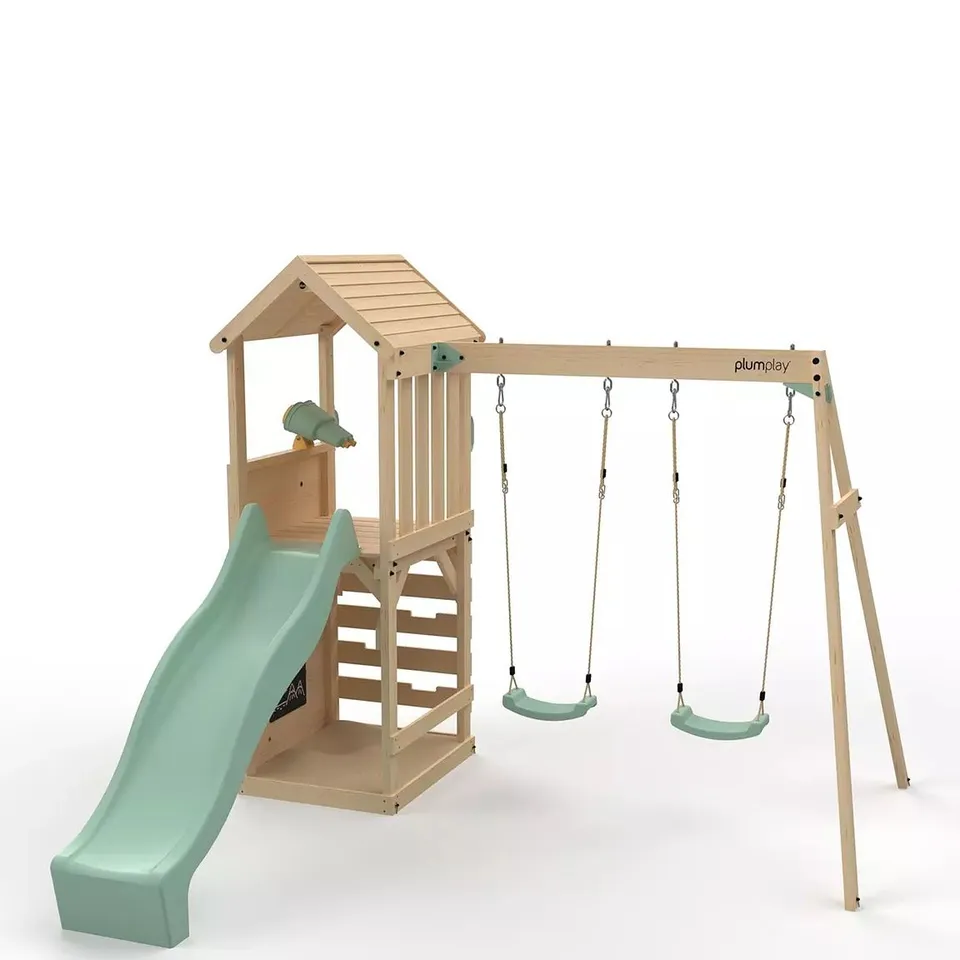 BOXED PLUM WOODEN LOOKOUT TOWER WITH DOUBLE SWING - PASTEL GREEN (7 PIECES) RRP £749.99