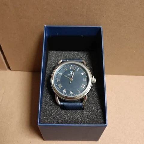 BOXED TALIS CO BLUE DIAL WRISTWATCH – STAINLESS STEEL CASEBACK, LEATHER STRAP
