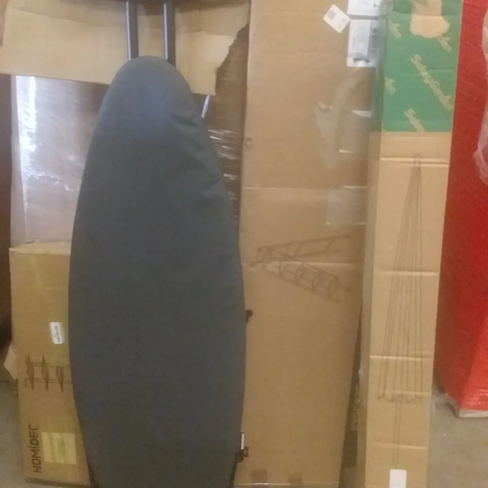 PALLET OF ASSORTED ITEMS INCLUDING IRONING BOARD, 3 TIER STORAGE CART, PARASOL, 5 STEP STEPLADDER