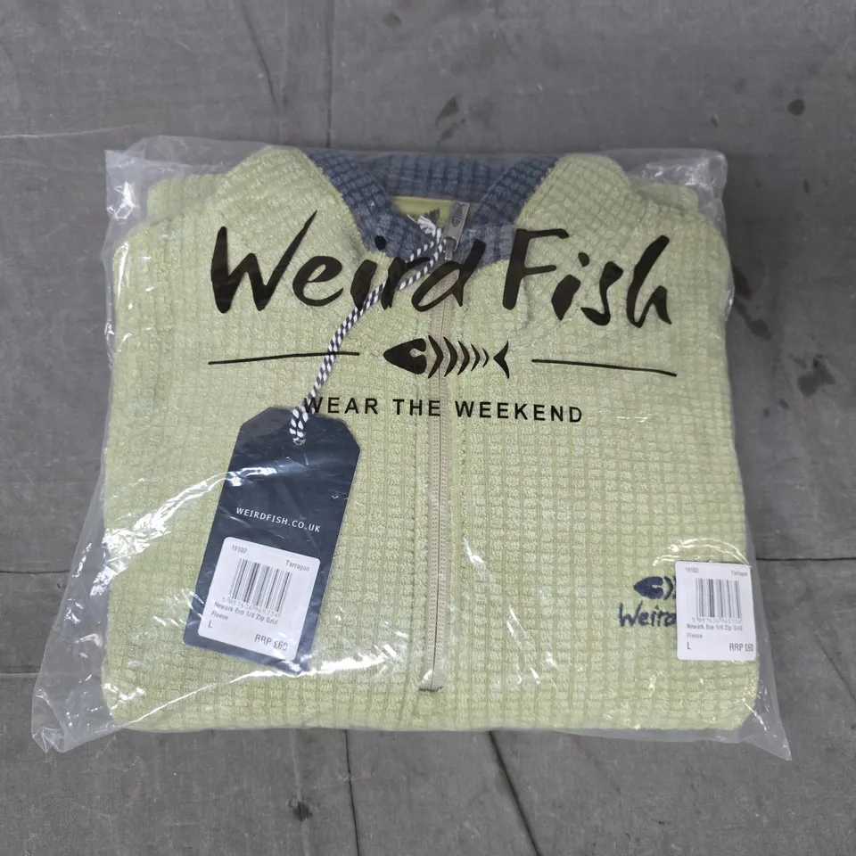 WEIRD FISH NEWARK ECO 1/4 ZIP GRID FLEECE IN GREEN SIZE LARGE