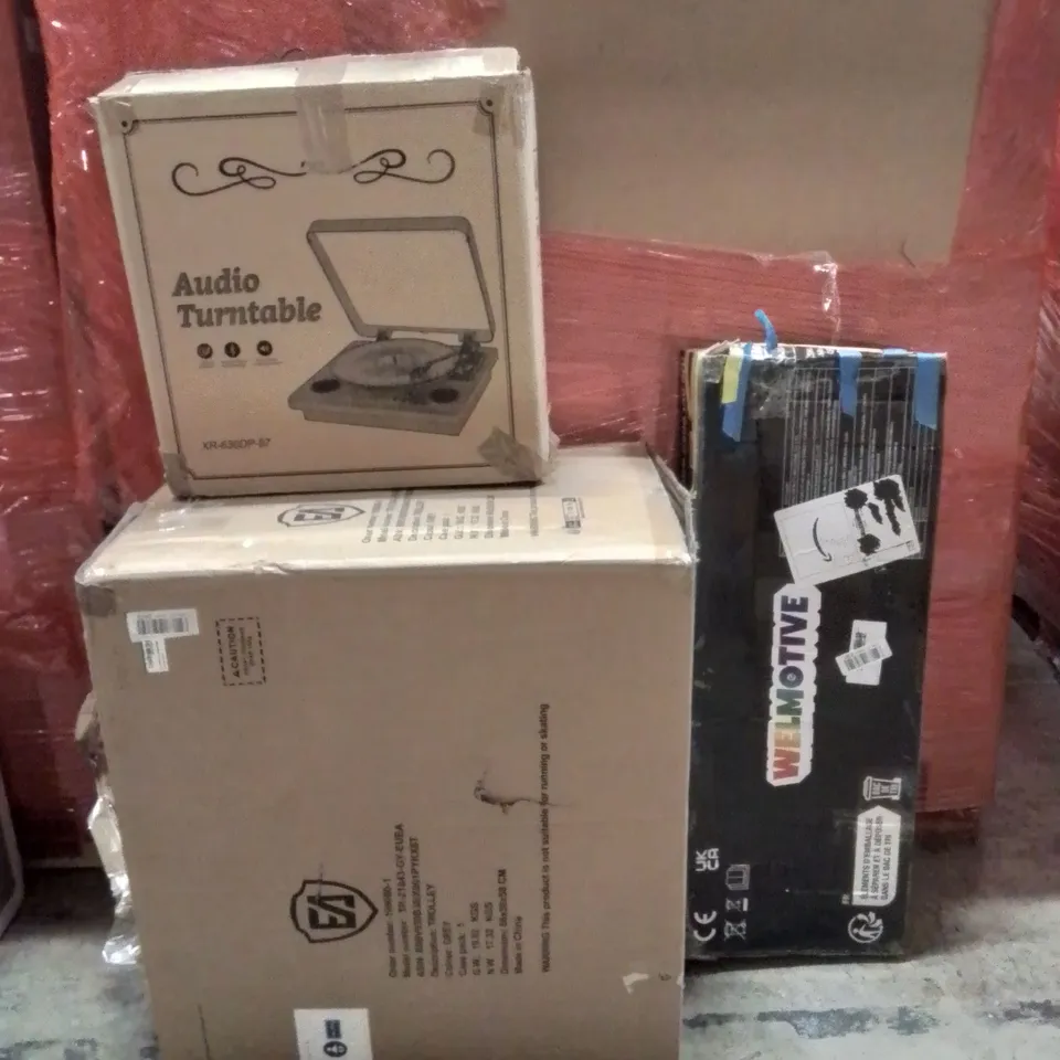 PALLET OF ASSORTED HOUSEHOLD GOODS AND PRODUCTS TO INCLUDE;TROLLEY,SCOOTER,AUDIO TURNTABLE 