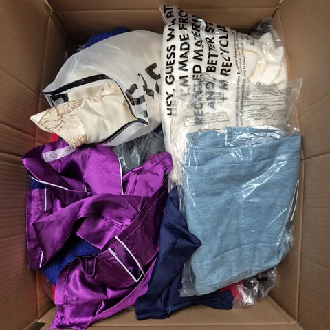 LARGE BOX OF ASSORTED CLOTHING ITEMS IN VARIOUS SIZES, STYLES AND COLOUR 