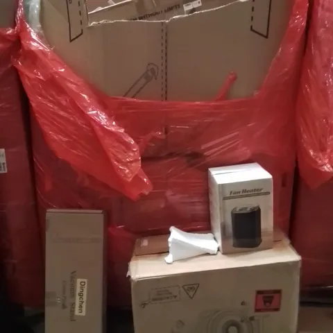 PALLET OF ASSORTED HOUSEHOLD GOODS AND PRODUCTS TO INCLUDE;HOSE REEL,VACUUM STAND,FAN HEATER