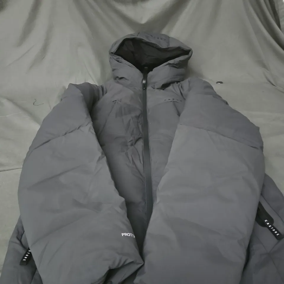 CASTORE HOODED PUFFER JACKET – CHARCOAL GREY, UK SIZE S