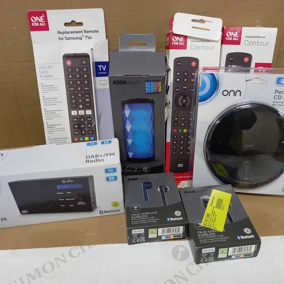 LOT OF 8 ASSORTED ELECTRICAL ITEMS TO INCLUDE TV REMOTES, WIRELESS EARBUDS, CD PLAYER, ETC