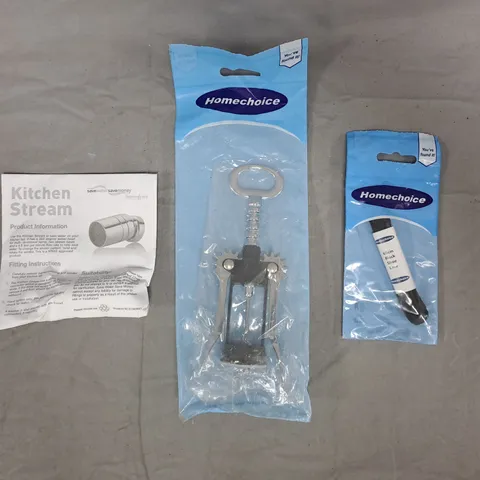 APPROXIMATELY 10 ASSORTED HOUSEHOLD ITEMS TO INCLUDE BLACK SHOE LACE, BOTTLE OPENER, ETC