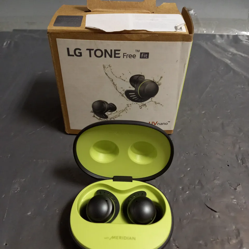 BOXED LG TONE FREE FIT UTF8Q EARBUDS IN BLACK/LIME GREEN