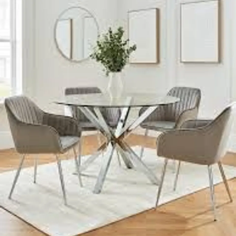 BOXED ALICE DINING TABLE AND CHAIRS IN CHROME/GREY - 3 BOXES