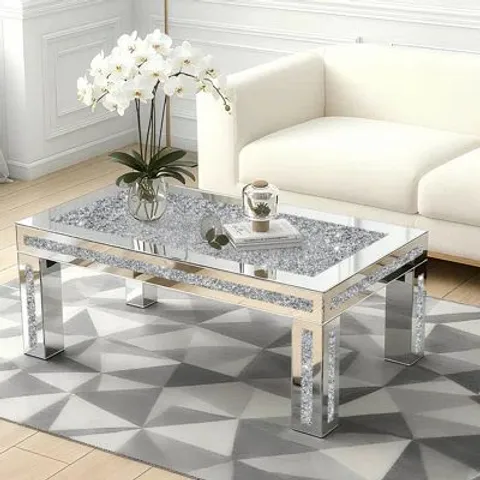 BOXED DIAMONDS MIRRORED TOP GLASS COFFEE TABLE (1 BOX)