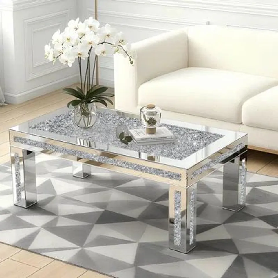 BOXED DIAMONDS MIRRORED TOP GLASS COFFEE TABLE (1 BOX)