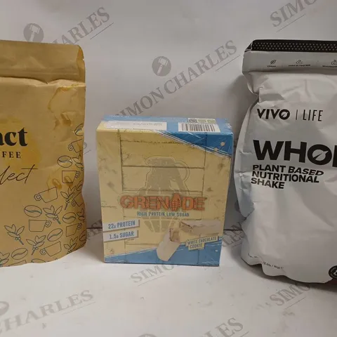 BOX OF APPROX 5 ITEMS TO INCLUDE GRENADE PROTEIN BARS, VIVO LIFE WHOLE PLANT BASED NUTRITIONAL SHAKE, PACT COFFEE BEANS