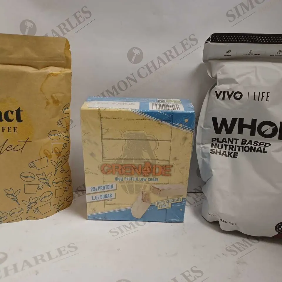 BOX OF APPROX 5 ITEMS TO INCLUDE GRENADE PROTEIN BARS, VIVO LIFE WHOLE PLANT BASED NUTRITIONAL SHAKE, PACT COFFEE BEANS