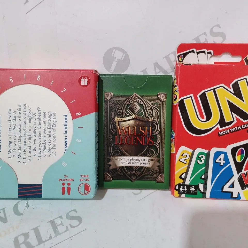 APPROXIMATELY 10 ASSORTED TOYS AND GAMES TO INCLUDE UNO, WELSH LEGENDS, 10 CLUES, ETC