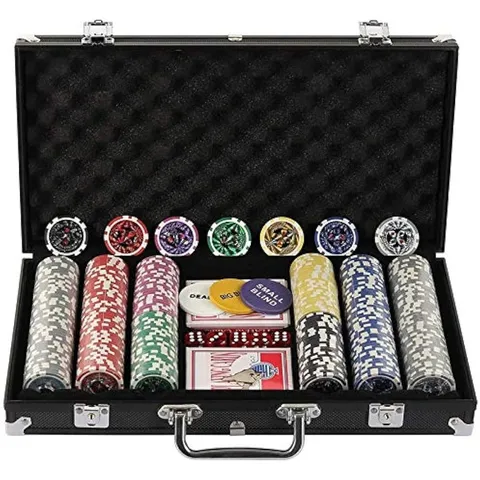 BOXED DISPLAY4TOP TEXAS HOLDEM POKER CHIPS SET WITH ALUMINUM CASE,2 DECKS OF CARDS, DEALER, SMALL BLIND, BIG BLIND BUTTONS AND 5 DICE (300PCS)