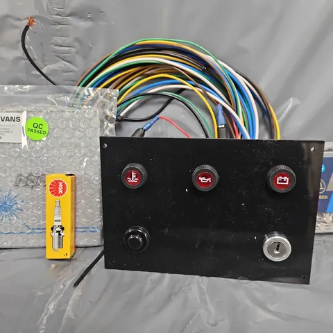 TOTE OF APPROXIMATELY 8 ASSORTED ITEMS TO INCLUDE - SPARK PLUG , KMC X11EL CHAIN , LOCKS 4 VANS UNIVERSAL EXTERNAL SHIELD ETC