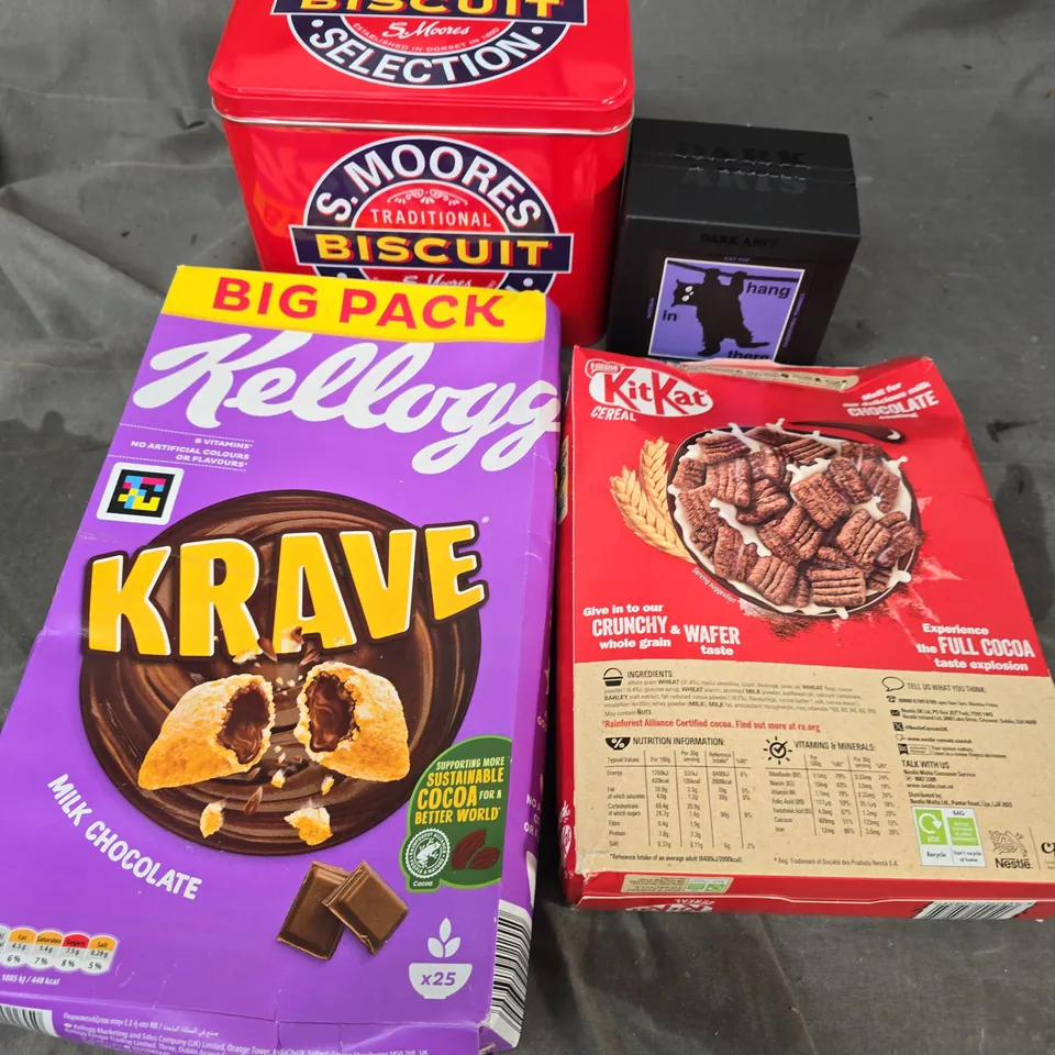 APPROXIMATELY 7 ASSORTED FOOD & DRINK ITEMS TO INCLUDE S.MOORES BISCUIT SELETION, KELLOGS KRAVE, DARK ARTS COFFEE, ETC - COLLECTION ONLY