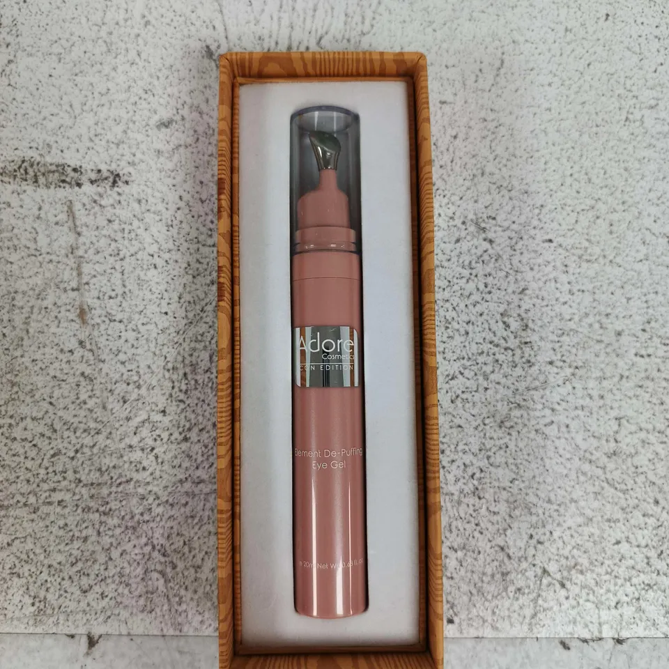 ADORE COSMETICS ELEMENT DE-PUFFING EYE GEL – 20 ML, PINK PUMP BOTTLE IN WOODEN PRESENTATION BOX