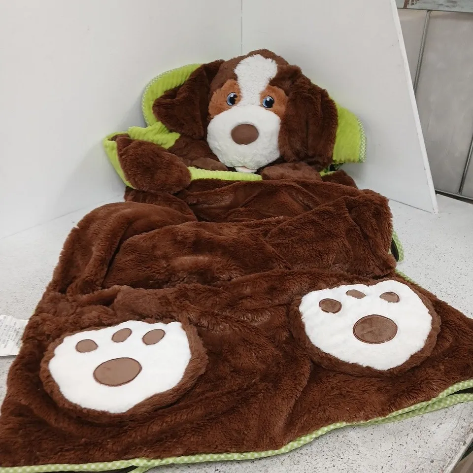 BROWN PLUSH DOG WITH LIME GREEN LINING - SOFT SLEEPING BAG