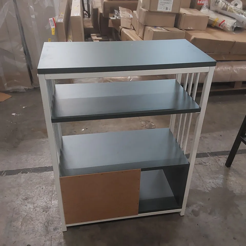 DECOROTIKA LETOS GREEN AND WHITE METAL AND WOOD BOOKCASE WITH A SINGLE DOOR CABINET.