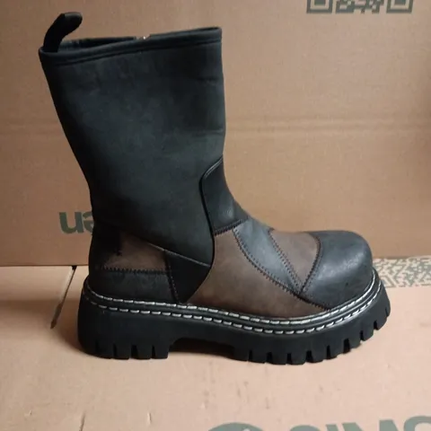 KO WOMEN'S LEATHER LOOK PATCHWORK KNEE-HIGH BOOTS – BLACK & BROWN, SIDE ZIP - 6