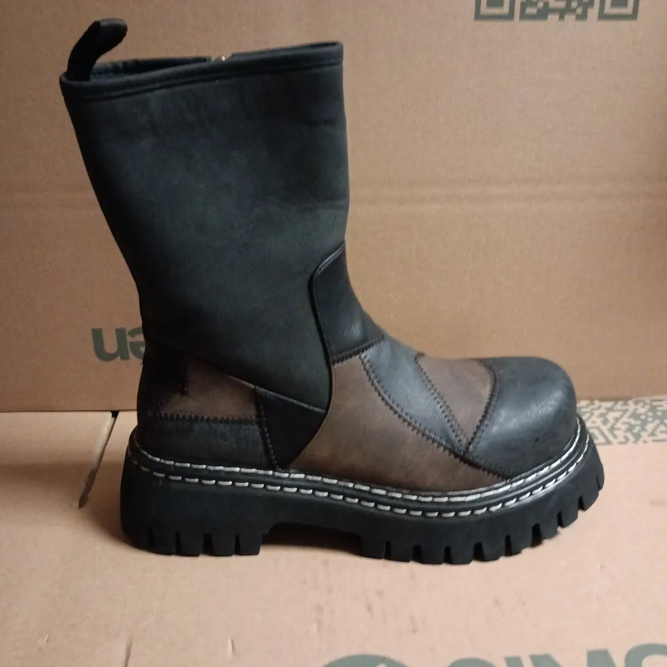 BOXED KO WOMEN'S LEATHER LOOK PATCHWORK KNEE-HIGH BOOTS – BLACK & BROWN, SIDE ZIP - 6