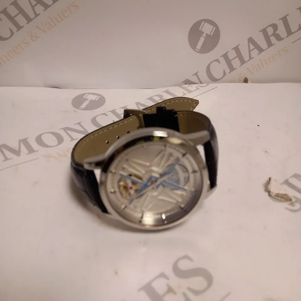 MENS VONLANTHEN AUTOMATIC WATCH – SILVER AND BLUE TEXTURED DIAL –SILVER COLOUR CASE - GLASS EXHIBITION BACKCASE – BLACK LEATHER STRAP