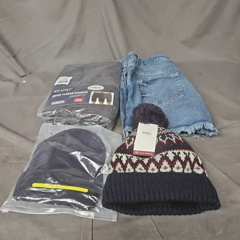 BOX OF APPROXIMATELY 25 ASSORTED CLOTHING ITEMS TO INCLUDE M & S WINTER HAT, FLEECE SHORTS, DENIM SHORTS, BEANIE ETC