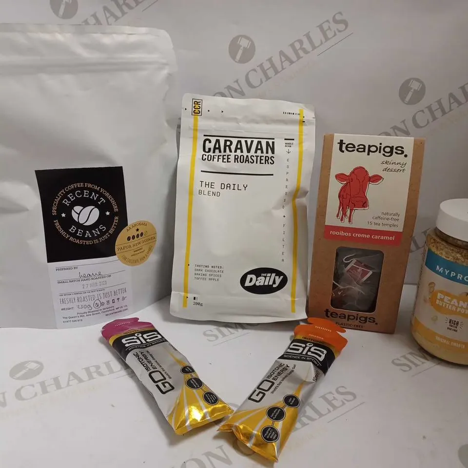 BOX OF APPROX 10 ITEMS TO INCLUDE MYPROTEIN PEANUT BUTTER POWDER, CARAVAN COFFEE ROASTERS BEANS AND SIS ISOTONIC ENERGY GEL