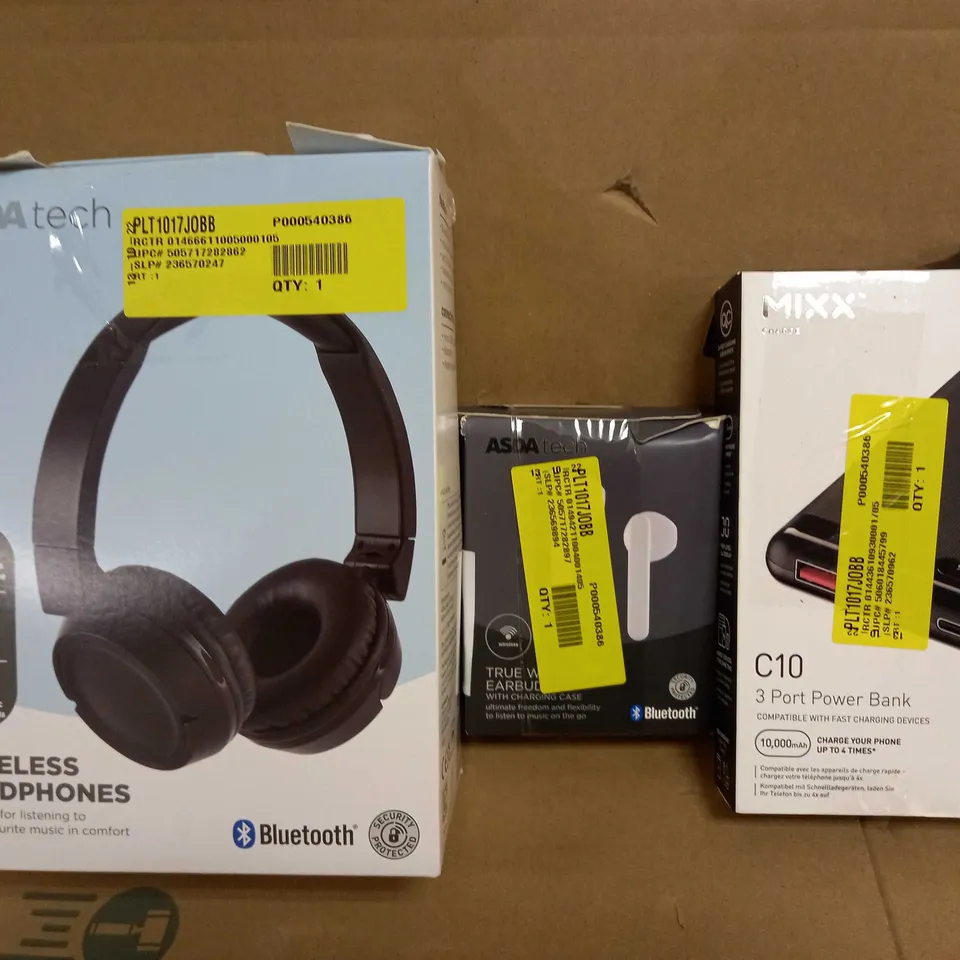 BOX OF APPROXIMATELY 20 ASSORTED ELECTRICAL ITEMS TO INCLUDE ASDA TECH WIRELESS HEADPHONES, ASDA TECH TRUE WIRELESS EARBUDS, MIXX C10 3 PORT POWER BANK, ETC