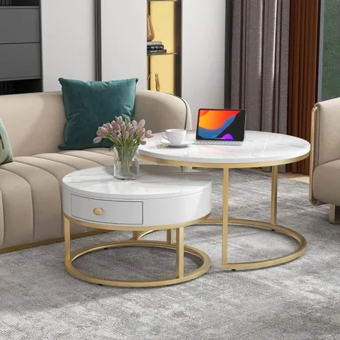 BOXED ROUND NESTING COFFEE TABLES WITH DRAWER (SET OF 2) - WHITE/GOLD/MARBLE EFFECT (1 BOX)