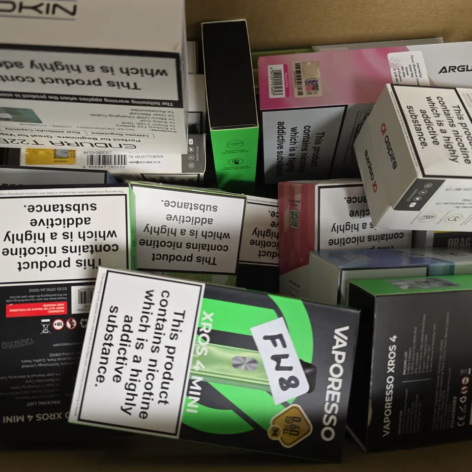 BOX OF APPROXIMATELY 20 ASSORTED E-CIGARETTE AND VAPING PRODUCTS TO INCLUDE VAPORESSO, ASPIRE, GEEKVAPE, ETC - COLLECTION ONLY