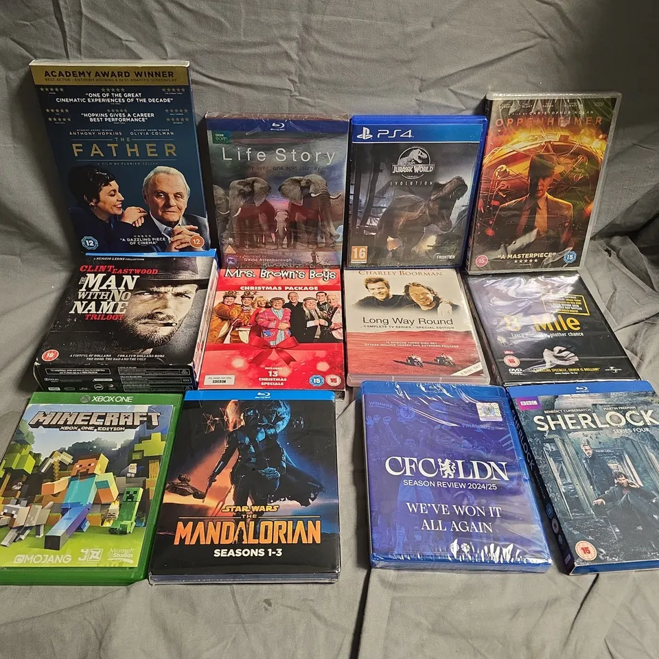 APPROXIMATELY 20 ASSORTED DVDS & GAMES TO INCLUDE OPPENHEIMER, MINECRAFT (XBOX ONE), SHERLOCK SERIES 4, ETC