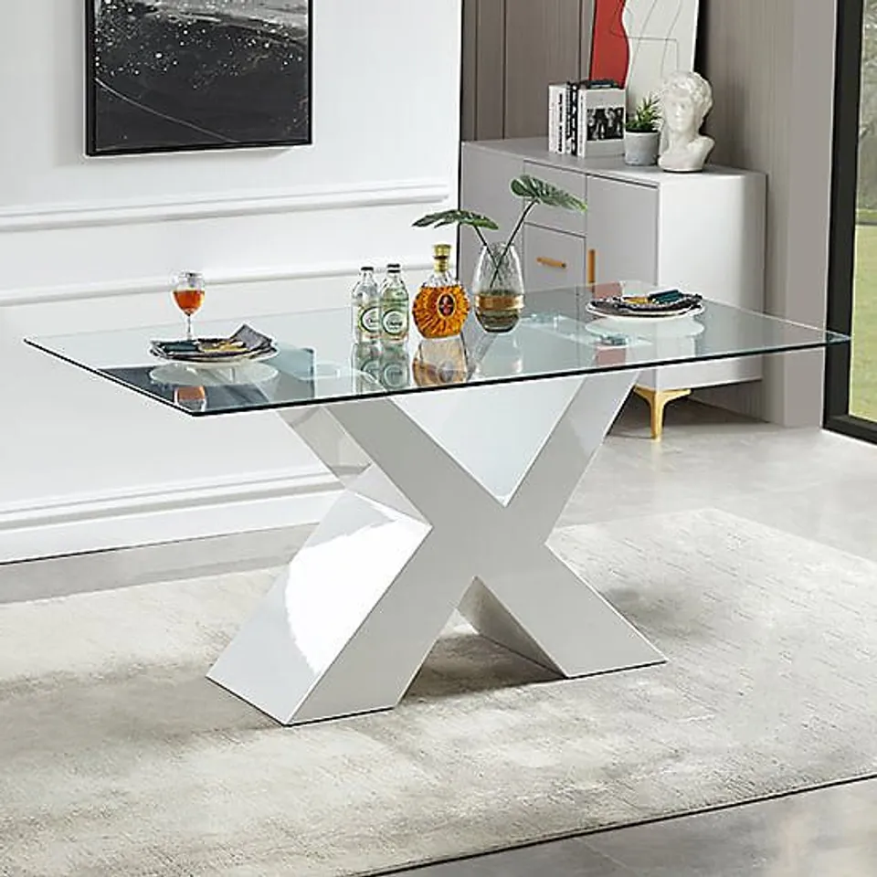 BOXED ZANTI CLEAR GLASS DINING TABLE WITH PU WHITE HIGH GLOSS LEGS (2 BOXES)