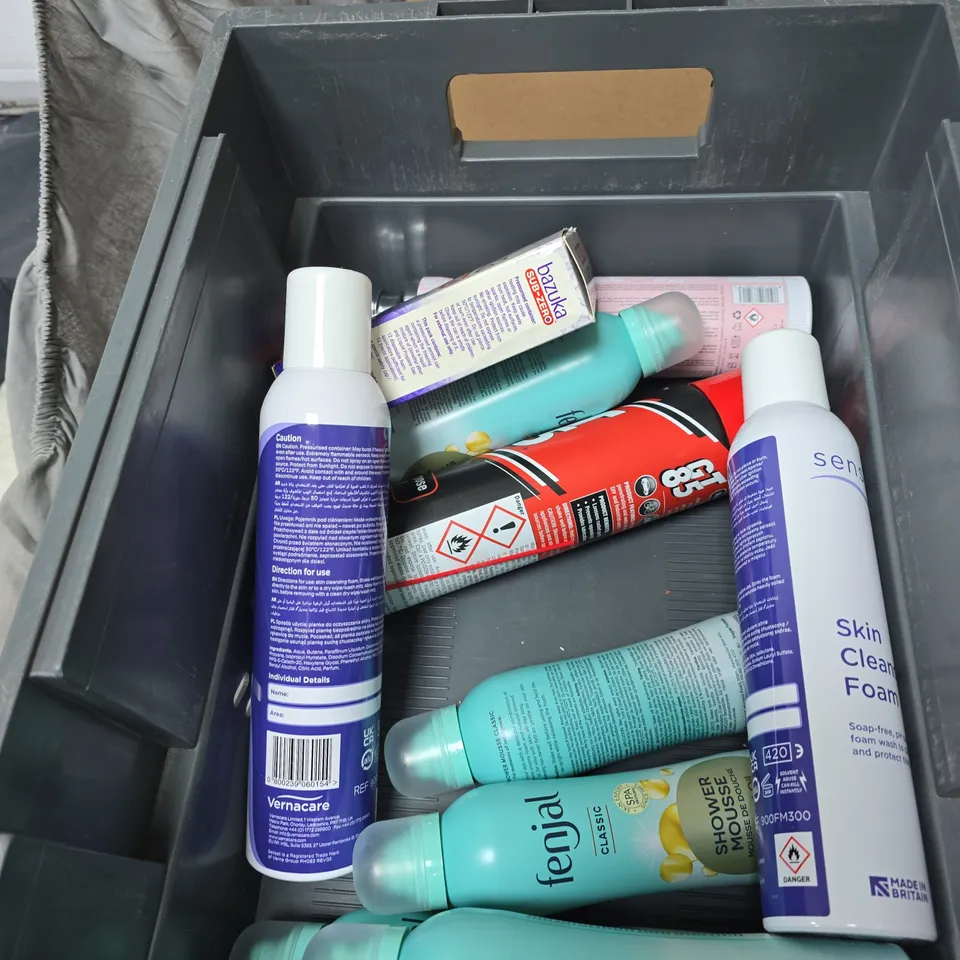 APPROXIMATELY 10 ASSORTED AEROSOLS INCLUDING FENJAL SHOWER MOUSSE , BRADEX EASY START FOR ENGINES AND SENSET SKIN CLEANSING FOAM 