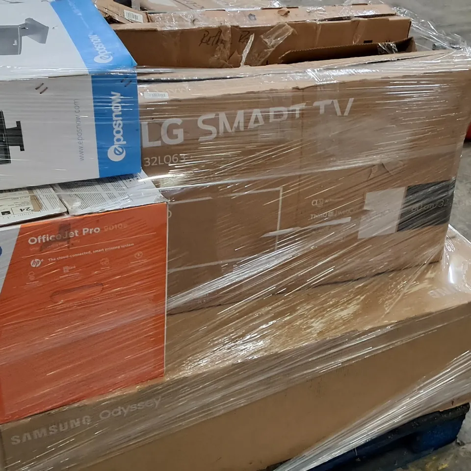 PALLET CONTAINING 12 ASSORTED TECH ITEMS TO INCLUDE SAMSUNG 49" MONITOR, HP OFFICEJET PRINTER AND ACCESSORIES LCD USB MONITOR