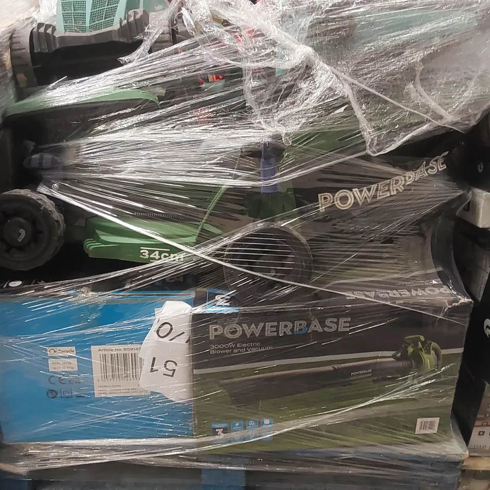 PALLET CONTAINING A LARGE QUANTITY OF ASSORTED UNCHECKED LAWN MOWERS, ELECTRIC BLOWER ECT