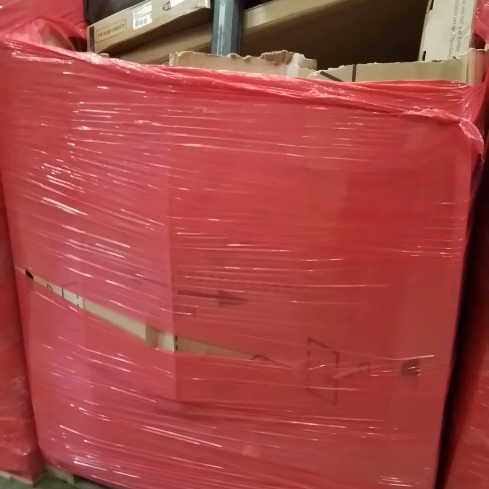 PALLET CONTAINING VARIOUS ASSORTED BOXED HOUSEHOLD ITEMS TO INCLUDE: TV MONITOR STANDS, WRENCHES, HEAT PRESS MACHINE, POOL, AND LOTS MORE UNMARKED BOXED ITEMS 