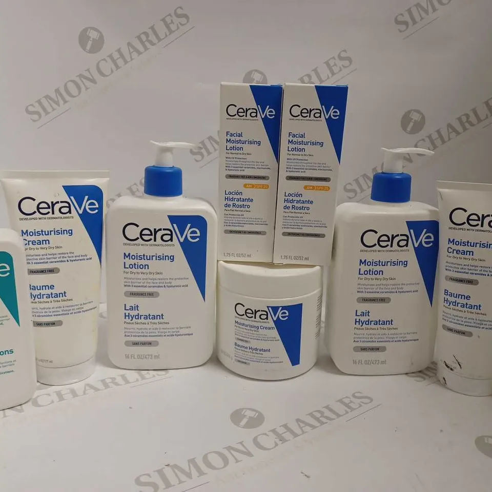 BOX OF APPROX 10 CERAVE ITEMS TO INCLUDE SMOOTHING CLEANSER, MOISTURISING LOTION AND BLEMISH CONTROL CLEANSER