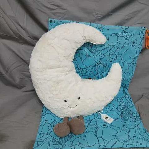 JELLYCAT AMUSEABLES MOON PLUSH β CREAM MOON ON BLUE PATTERNED CUSHION