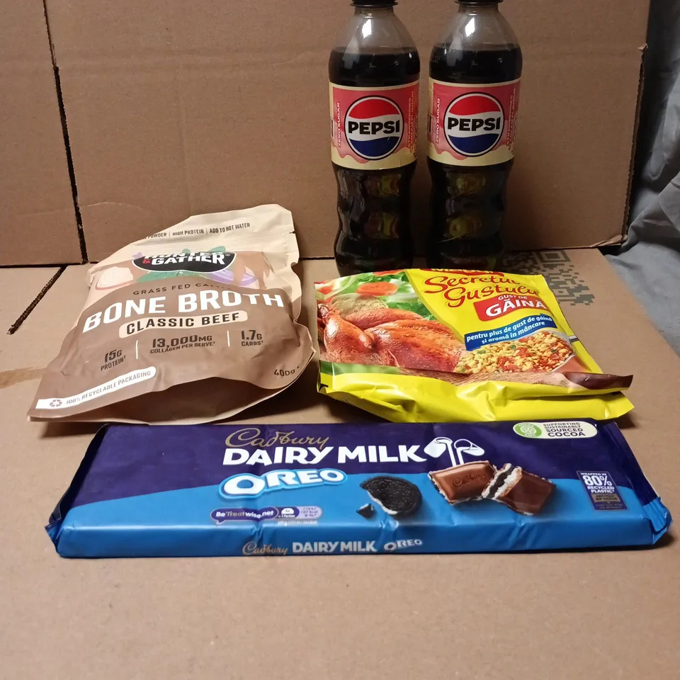 TOTE OF APPROXIMATELY 12 ASSORTED FOOD/DRINK ITEMS TO INCLUDE PEPSI STRAWBERRY N CREAM, MAGGI, HUNTER AND GATHER BONE BROTH, CADBURY DIARY MILK OREO 300G ETC