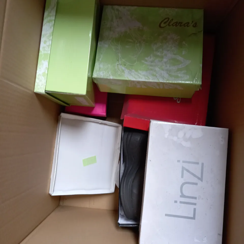 BOX OF 10 PAIRS OF ASSORTED SHOES IN VARIOUS COLOURS, STYLES AND SIZES
