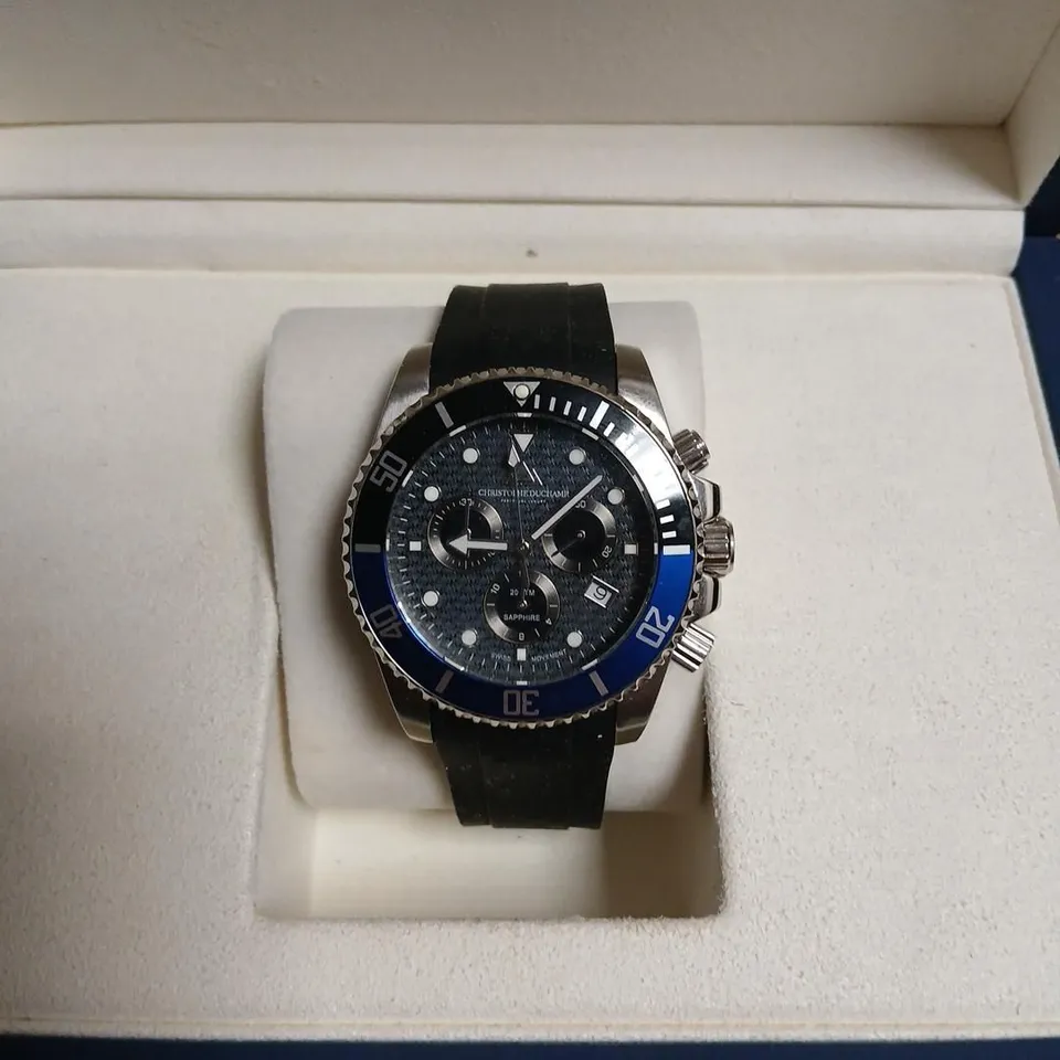 CHRISTOPHE DUCHAMP LUXURY WRISTWATCH – BLUE BEZEL, BLACK STRAP