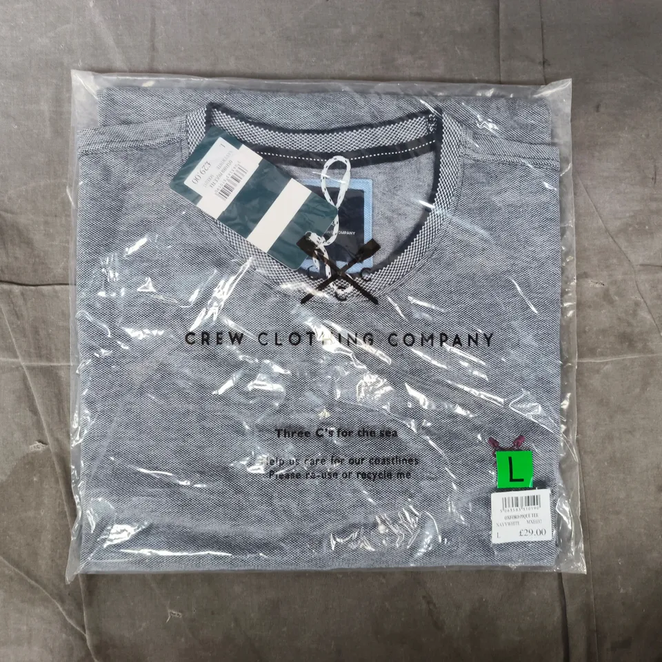 BAGGED CREW CLOTHING COMPANY OXFORD PIQUE T-SHIRT IN NAVY/WHITE SIZE LARGE