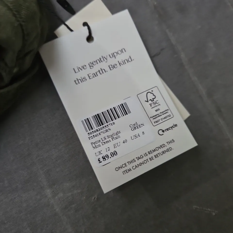 BAGGED NOBODY'S CHILD CORD GREEN PETITE LONG-SLEEVE MINI DRESS – UK 12 (EU 40)