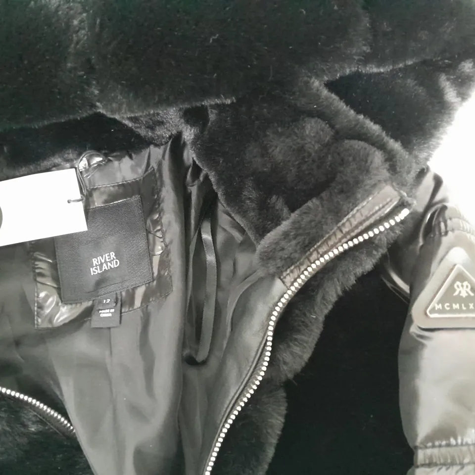 RIVER ISLAND CONTRAST SLEEVED BLACK HOODED COAT - 12