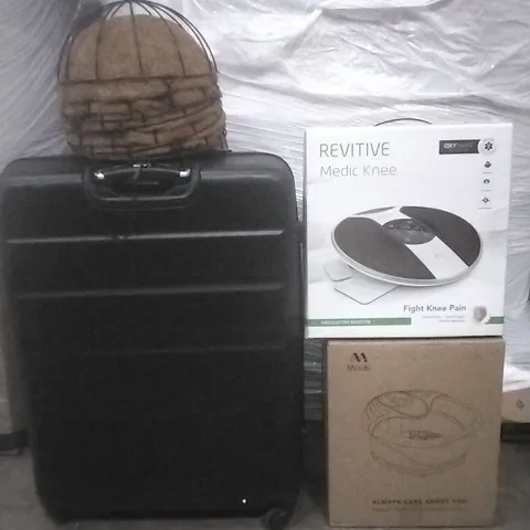 PALLET OF ASSORTED ITEMS INCLUDING REVITIVE MEDIC KNEE CIRCULATION BOOSTER, MISIKI FOOT SPAR, AEROLITE LARGE SUITCASE AND HANGING BASKETS
