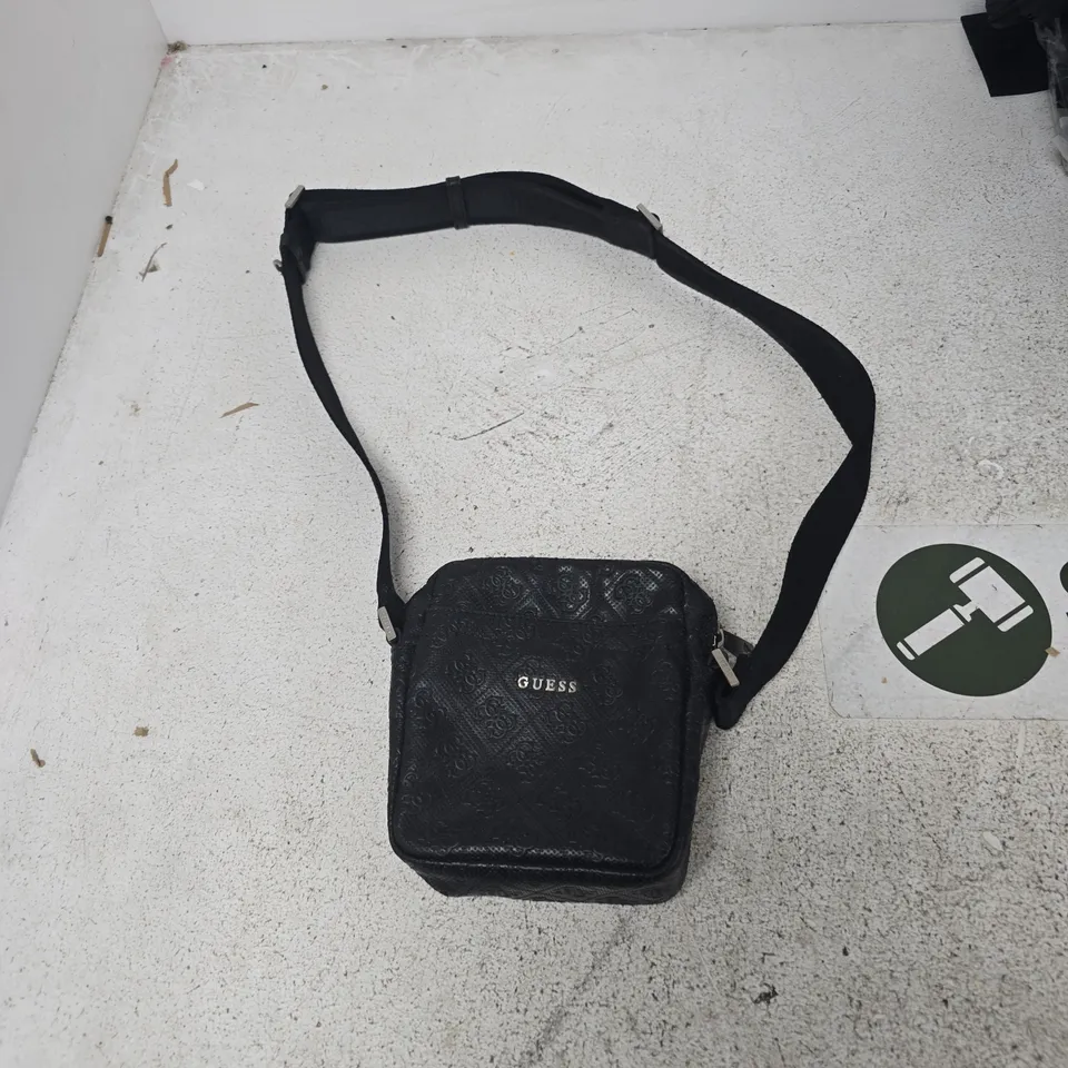 GUESS CROSSBODY BAG - BLACK EMBOSSED MONOGRAM PATTERN