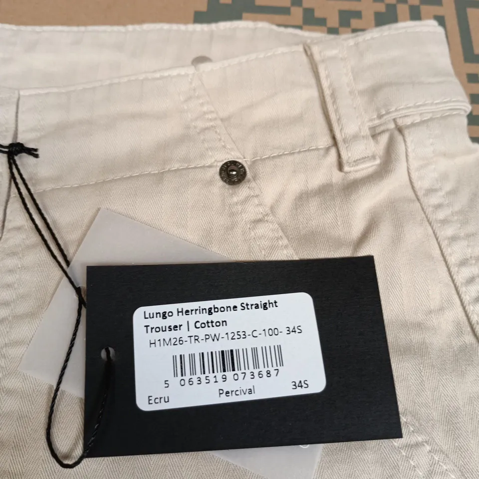 PERCIVAL LUNGO HERRINGBONE STRAIGHT TROUSER – ECRU, COTTON, SIZE 34S